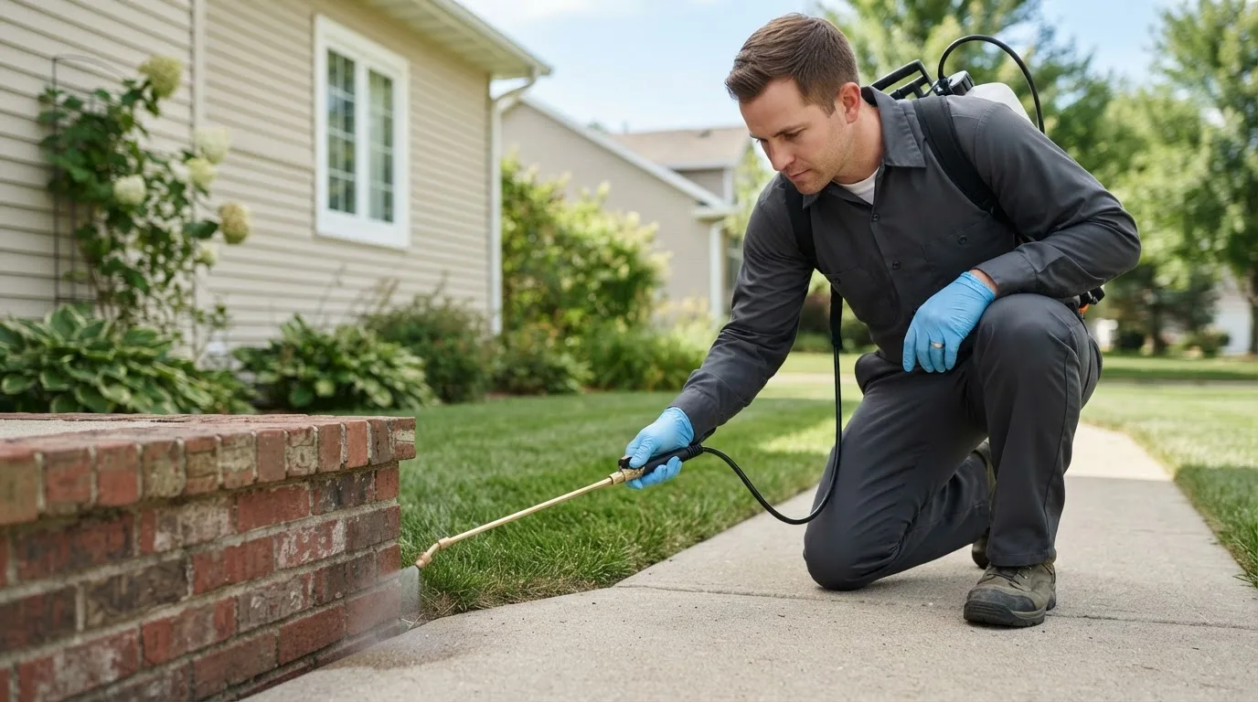 Pest control technician treating a home near Seanor, PA